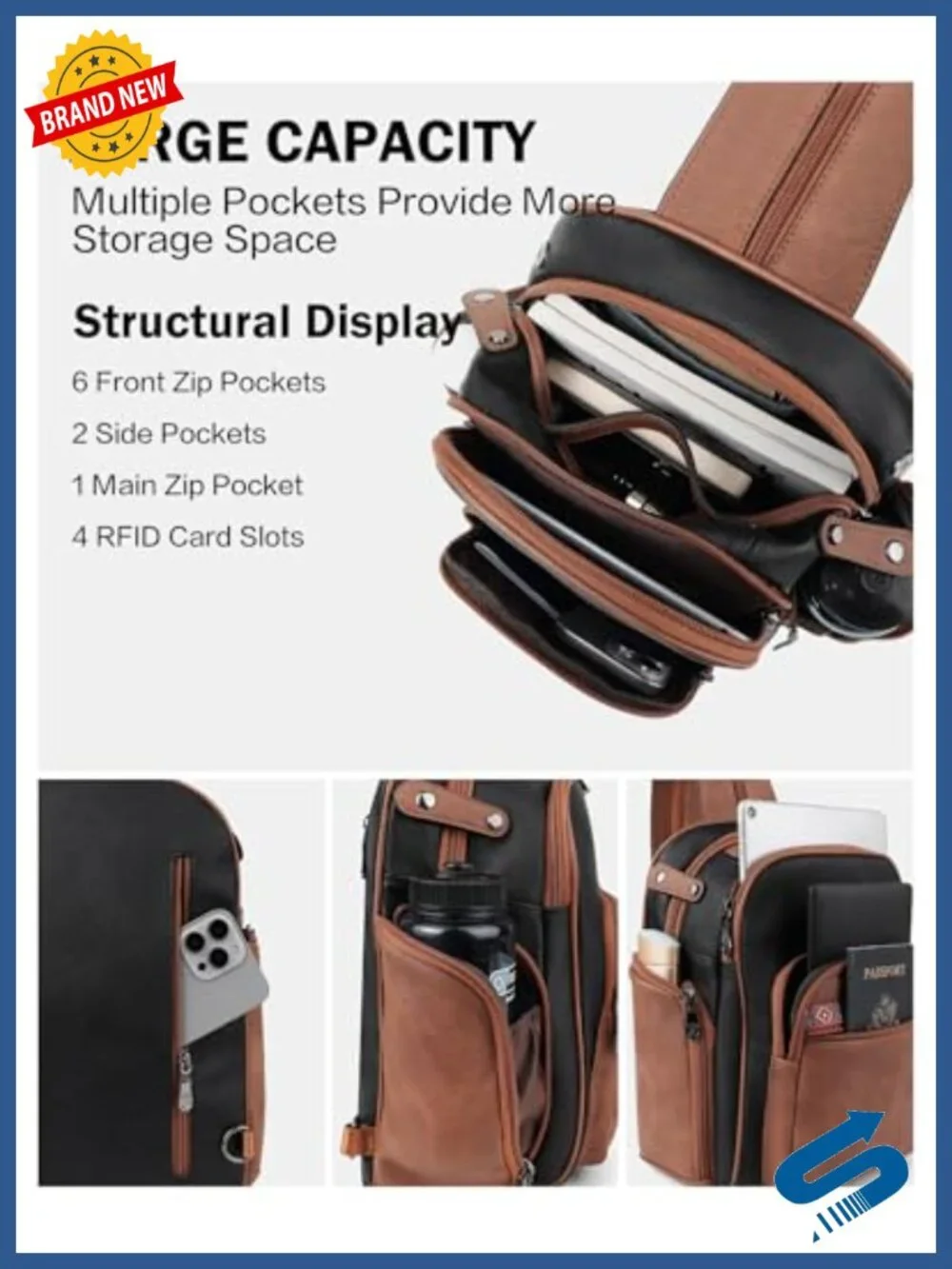 Large Convertible Sling Backpack Crossbody Purse 11L Anti Theft Travel Daypack